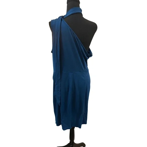 Asymmetrical One Shoulder Ruched Mock Neck Cocktail Dress Blue - Picture 5 of 5